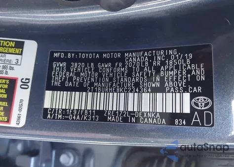 2019 Toyota Corolla Le из США, поврежденный, VIN 2T1BURHE8KC234364